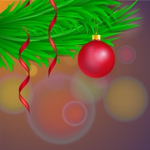Vector Template For Greeting Card With Green Branches Spruce And Red Glass Tree Ball And Gold Tinsel. Dark Bokeh Background With Copy Space. Realistic Illustration Of Merry Christmas.