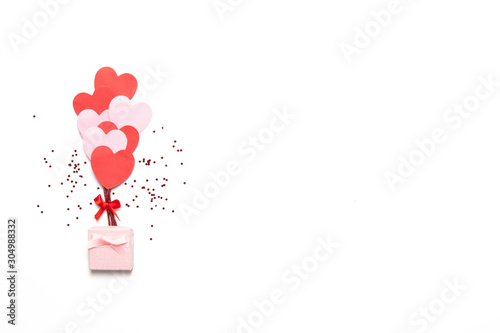 Valentine's day background with red and pink hearts like balloons isolated on wh Poster Mural XXL