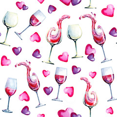 Seamless pattern glass goblet with drink, with wine. The wave in the glass and heart. Hand drawn watercolor illustration isolated on white background for design of cafe, menu, background, wallpaper.