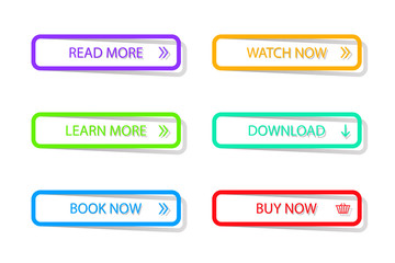  - Set of modern 3d button for mobile, web, banner, game. Colorful call action icon in flat style. Infographic navigation button with learn, read, more on isolated background. design vector