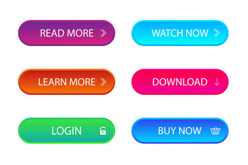  - Set of trendy action call button for web, mobile app. Template navigation button menu. Gradient icon for game, banner. Kit of material style buttons with download, learn more. Isolated vector