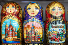 Wooden Nesting Dolls Or Russian Matryoshka Dolls In The Street Market In Russia, Nesting Dolls  - Traditional Russian Souvenirs For Tourists