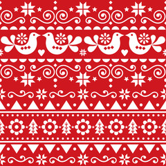 Scandinavian Christmas cute seamless vector pattern folk art style, repetitive winter retro Nordic design with birds, Christmas trees, snowflakes and flowers