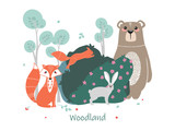 Cute animals on the background of the forest, trees, plants. Bear, Fox, Squirrel, Hare. Forest Animals.