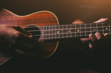 Hands Playing Acoustic Ukulele Guitar.Music Skills Show