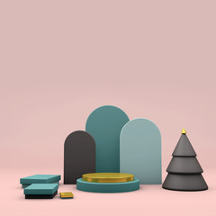Fototapete - Modern abstract poster with pink 3d render stage with tree. 3d render stage christmas.