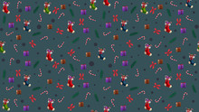 Christmas Seamless Blue Texture With Christmas Tree Branches, Christmas Stockings, Candy Canes, Presents And Bows
