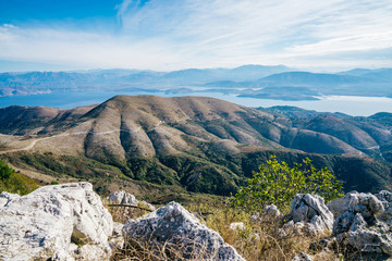 The view from Pantokrator mountain on Corfu over adriatic sea with the Albania in the backgroud, September 2018