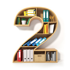 Poster - Number 2. Alphabet in the form of shelves with file folder, binders and books isolated on white. Archival, stacks of documents at the office or library.