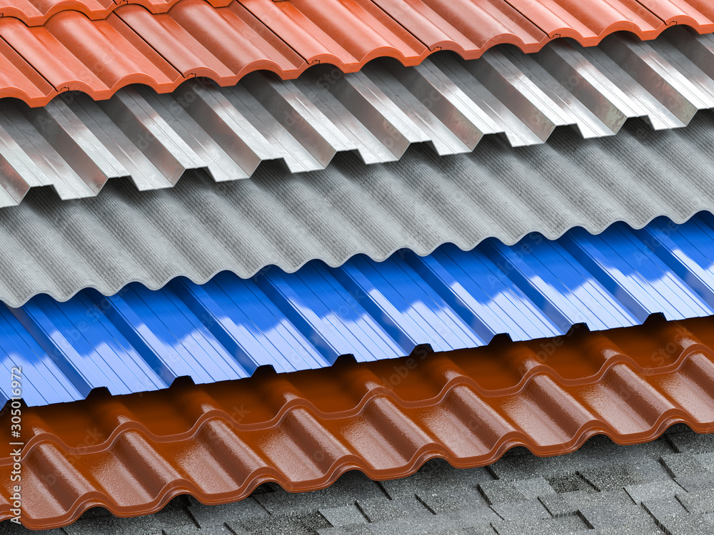 Different types of roof coating. Background from layers of sheet metal  profiles, ceramic tiles, asphalt roofing shingles and gypsum slate. - obrazy, fototapety, plakaty 