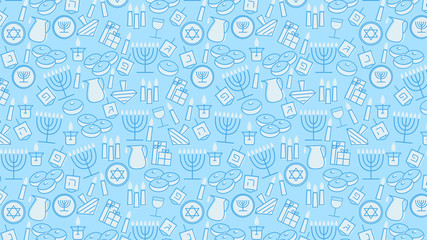 Hanukkah blue background with holiday candles, dreidels, Hebrew letters and David stars. Vector illustration for Jewish Festival of light.