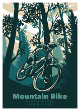 Mountain Bike Cycling In The Forest Vintage Retro Poster Illustration