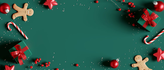 christmas decorations with gift box on green background. 3d rendering