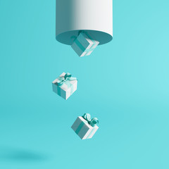 Poster - Gift boxes with big pipe on pastel blue background. Minimal concept. 3d rendering