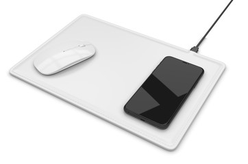 Blank Wireless Charging Mouse Pad with computer mouse for branding or design presentation. 3d render illustration.