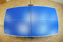 Photography Of The Blue Table For Ping-pong. Healthy Lifestyle In The City. View From Above / Top View. Fish Eye Lens.