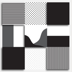 Stylish modern geometric black and white background. Nine abstract decorative squares, tiles.