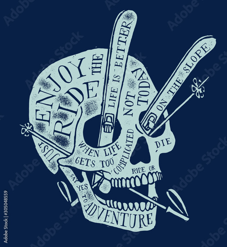 Fotomural Ski skull vintage lettering t-shirt design - just enjoy the ride