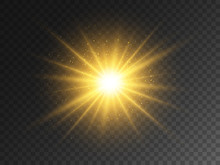 Gold Glowing Star On Transparent Backdrop. Magical Explosion With Star Dust. Christmas Light Effect With Magic Particles. Yellow Energy Flash. Golden Glitter And Glare. Vector Illustration