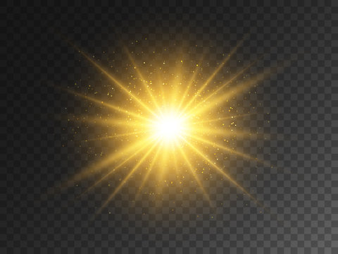 Fototapete - Gold glowing star on transparent backdrop. Magical explosion with star dust. Christmas light effect with magic particles. Yellow energy flash. Golden glitter and glare. Vector illustration