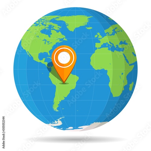 Globe Earth Flat Color With Orange Map Pin On Continent South America Icon Brazil Argentina Peru Chile Colombia Venezuela Buy This Stock Vector And Explore Similar Vectors At Adobe Stock