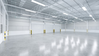 Roller door or roller shutter inside factory, warehouse or industrial building. Modern interior design with polished concrete floor and empty space for product display, industry background. 3d render.