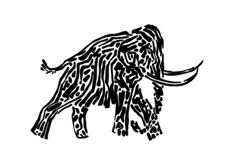 Wall Mural - Mammoth animal decorative vector illustration painted by ink, hand drawn grunge cave painting, black isolated walking elephant silhouette on white background