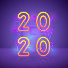 Sticker - 2020 New Year vector background in 80's style. Bright neon banner design.