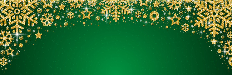 Wall Mural - green christmas banner with golden glittering snowflakes and stars. merry christmas and happy new ye