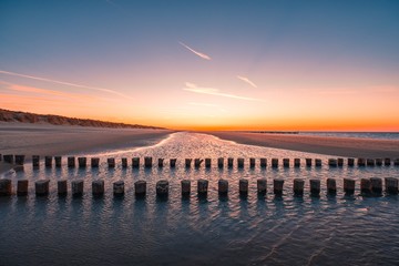 Wall Mural - beautiful view of logs of wood in the water on the beach captured in oostkapelle, netherlands