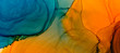 Leinwandbild Motiv Blue and orange alcohol ink wallpaper. Hand drawn paintbrush swabs watercolor illustration.