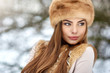 Beautiful winter girl portrait. Copy space. Close up.