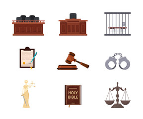 Court trial, courtroom vector illustrations set