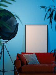 Wall Mural - Photo frame with blank poster on red couch near blue walls and plant, 3d rendering. Living room modern interior.