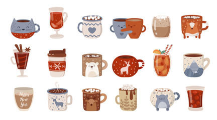 Vector collection of hot drinks in a cute mug in flat design. Hot chocolate, coffee, cocoa with marshmallow. Autumn and winter holidays set.