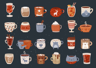 vector collection of hot drinks in a cute mug in flat design. hot chocolate, coffee, cocoa with mars