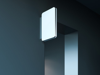 Wall Mural - Blank square signboard mock up. Empty signage template on dark blue walls. Street sign, 3d rendering.