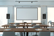 © ekostsov - Projector screen canvas in modern conference room with big windows. 3d rendering. Front view.