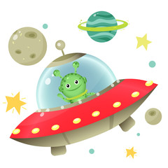 Wall Mural - Color images of cartoon alien with flying saucer and planets with stars on white background. Space. Vector illustration set for kids.