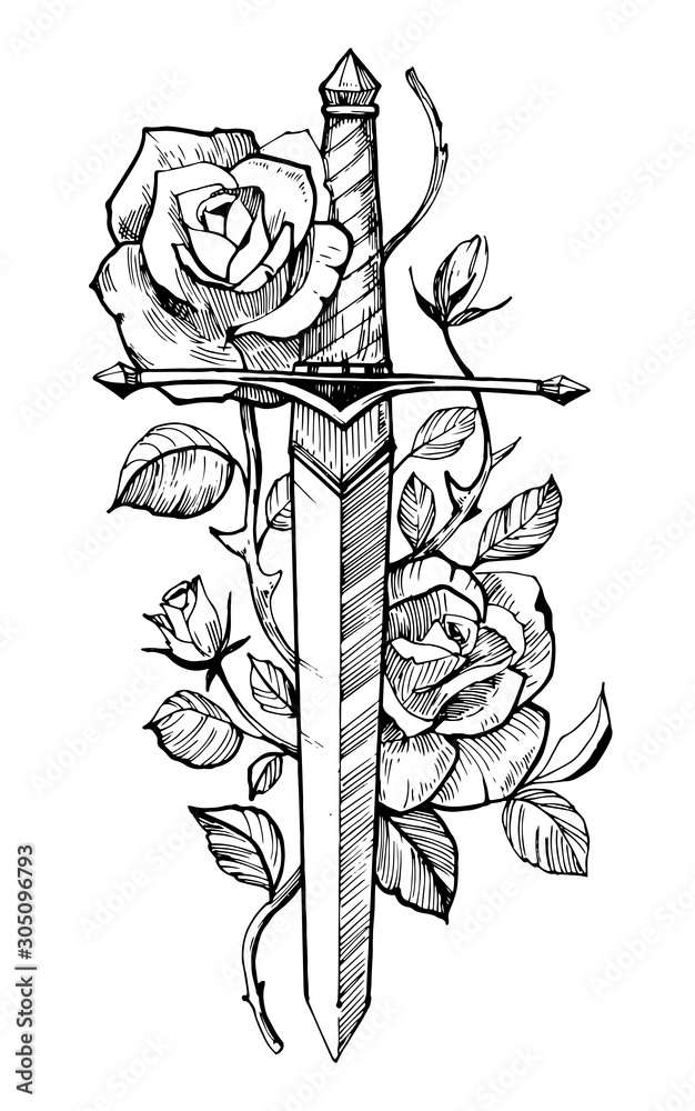 Sword With Roses Printable Sword with roses. Tattoo sketch. Hand drawn illustration converted to ...