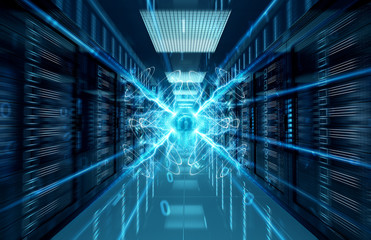 Connection network in servers data center room storage systems 3D rendering