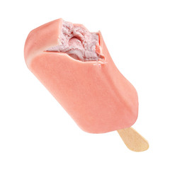 Wall Mural - Bitten pink ice cream popsicle with glaze coating isolated on white