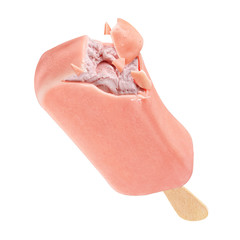 Wall Mural - Bitten pink ice cream popsicle with glaze coating isolated on white