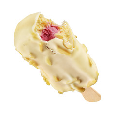 Wall Mural - Bitten ice cream popsicle with white chocolate coating isolated