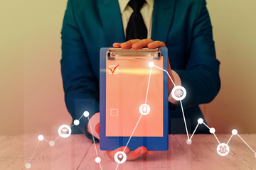 Poster - male human wear formal work suit presenting presentation using smart device