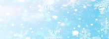 Snowflakes  And Ice Crystals Isolated On Blue Sky - Winter Background Panorama Banner Long