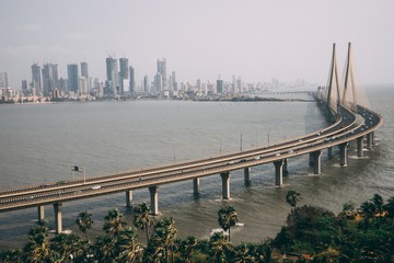 Wall Mural - high angle shot of bandra worli sealink in mumbai enveloped with fog