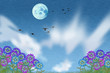 Flock of birds flies to the moon. Colorful flowers