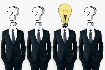 Wall Mural - question mark and lightbulb headed businessmen