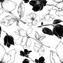 Wall Mural - Vector Magnolia floral botanical flowers. Black and white engraved ink art. Seamless background pattern.